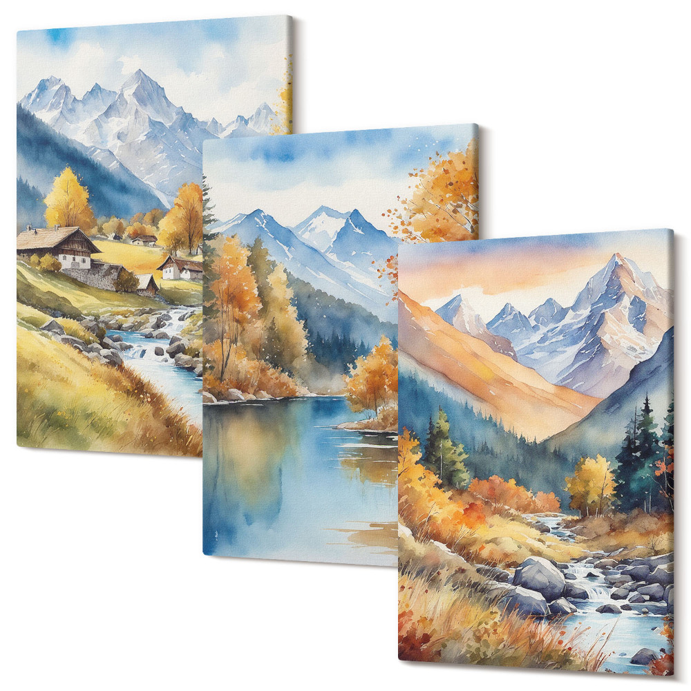 Set tablouri canvas triptic Munți pictați de toamnă cu un râu și cabane