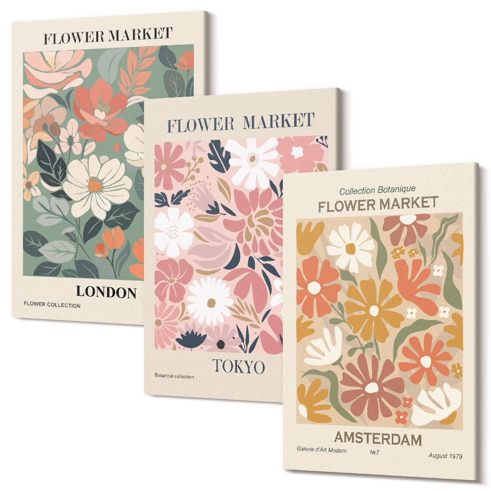 Tablou canvas set triptic Modele florale postere Londra Tokyo și Amsterdam
