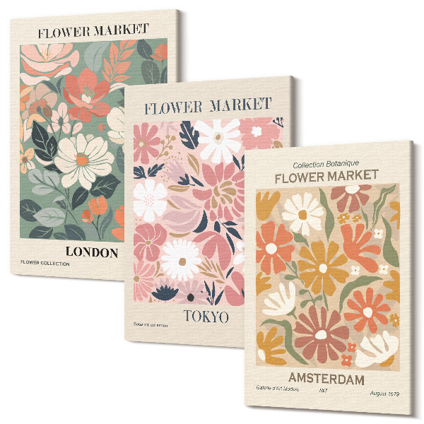 Tablou canvas set triptic Modele florale postere Londra Tokyo și Amsterdam