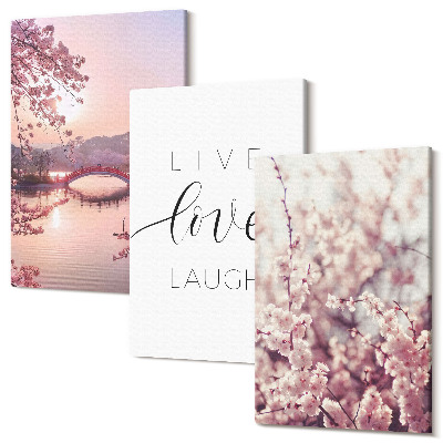 Tablou canvas set triptic Motive florale cu un pod și o inscripție