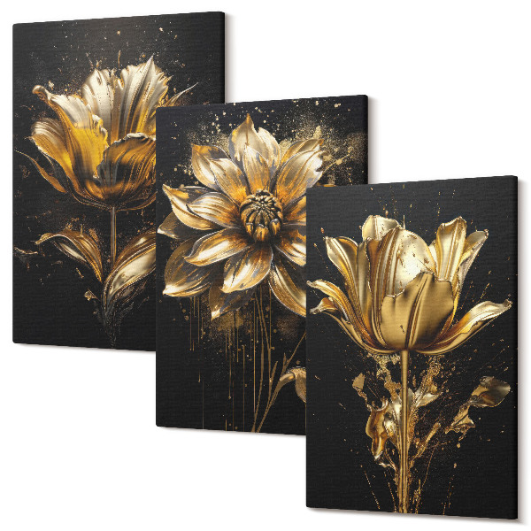 Set tablouri canvas triptic Flori în nuanțe de galben pe un fundal întunecat