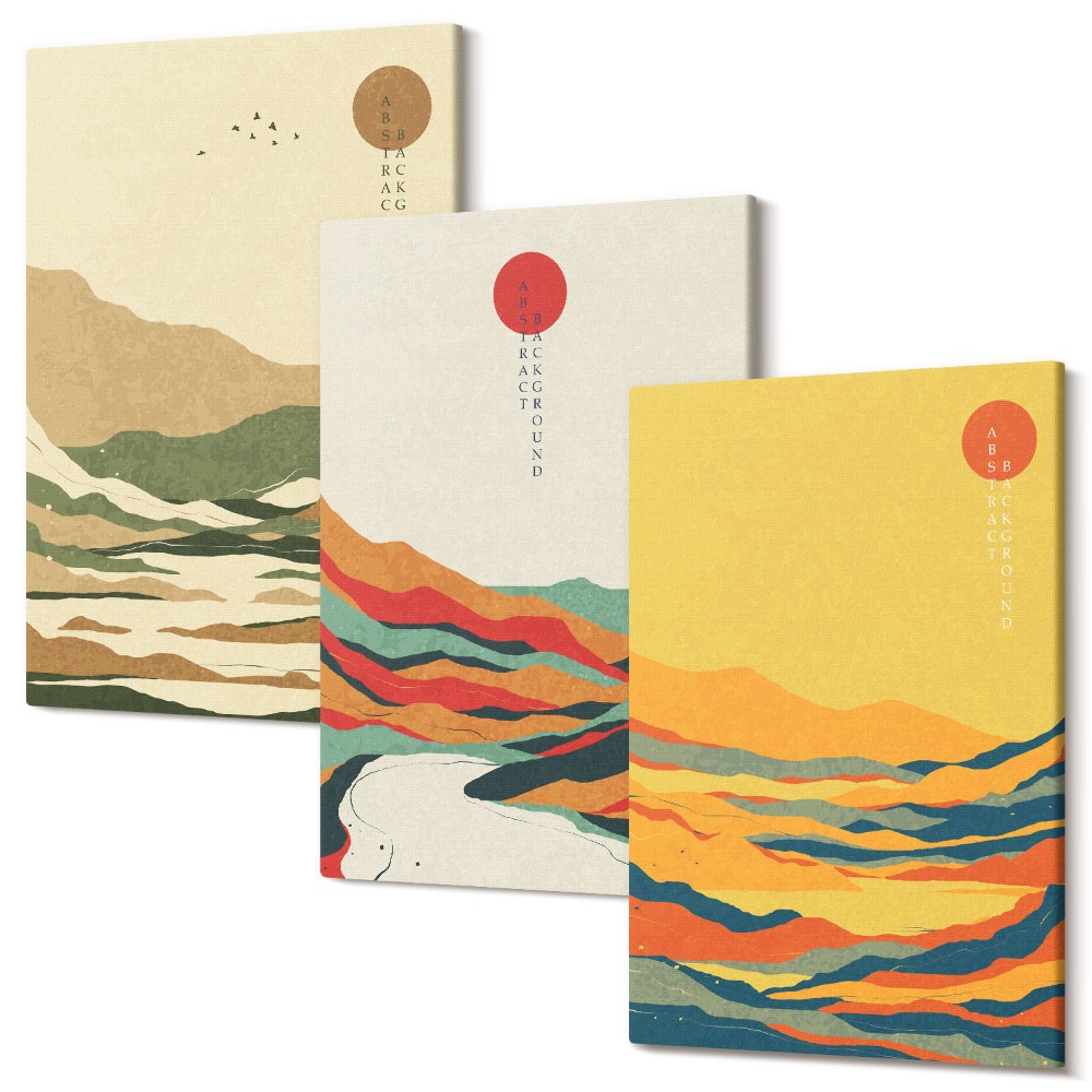 Set tablouri canvas triptic Modele colorate de munți și râuri în stil Japandi