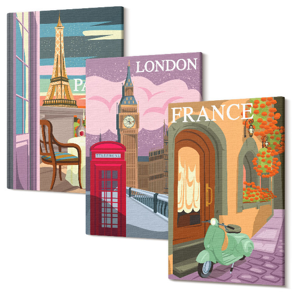 Tablou 3 piese Peisaje urbane retro din Paris, Londra și Franța