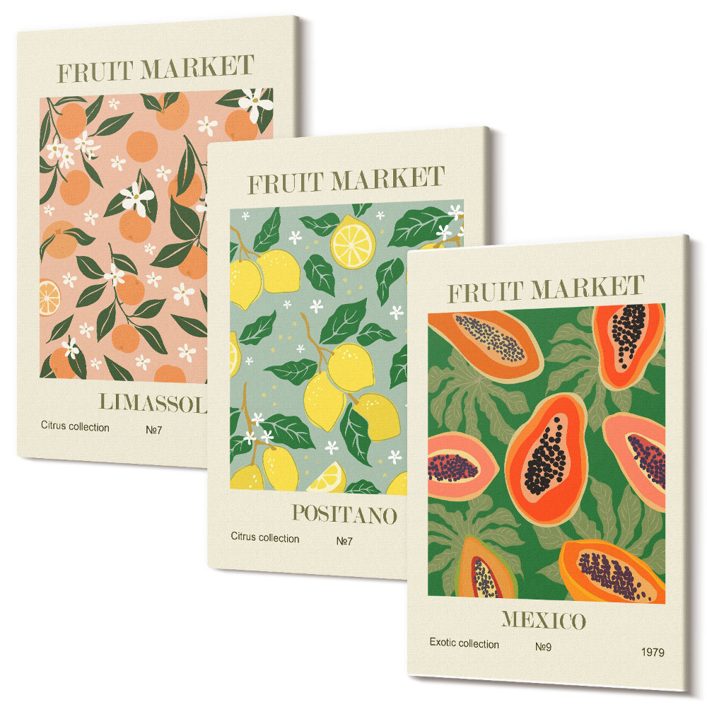 Set tablouri canvas triptic Citrice și fructe tropicale în stil retro