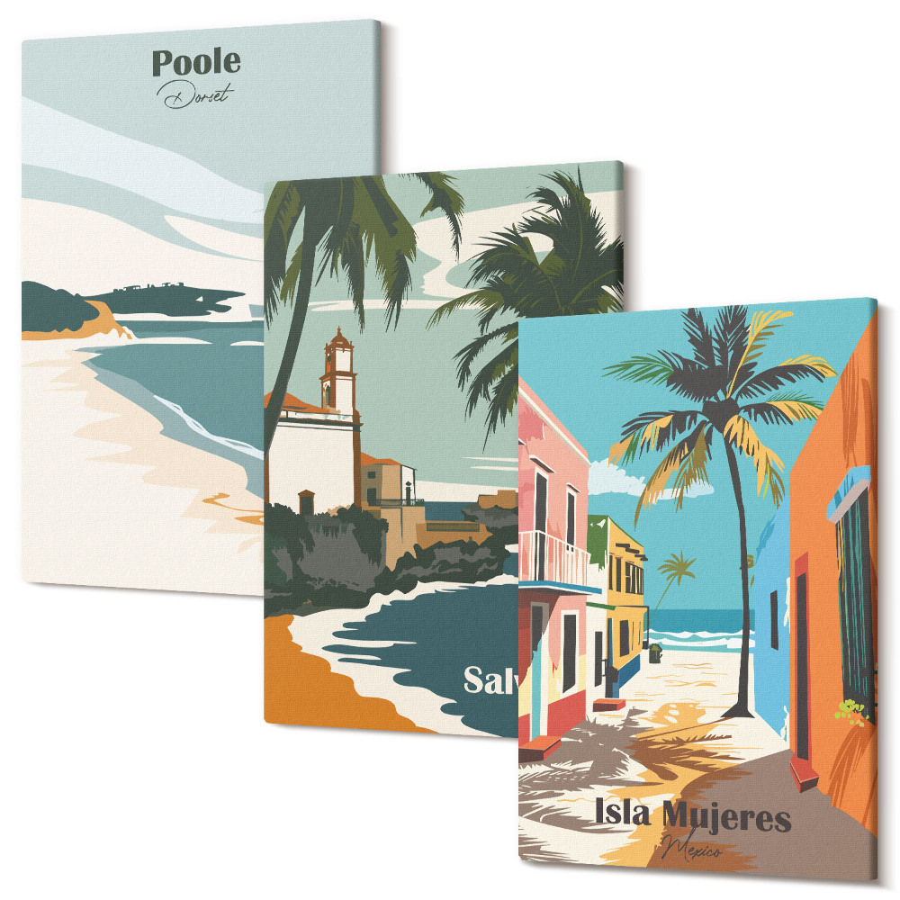 Set tablouri canvas triptic Peisaje tropicale cu plaje și palmieri