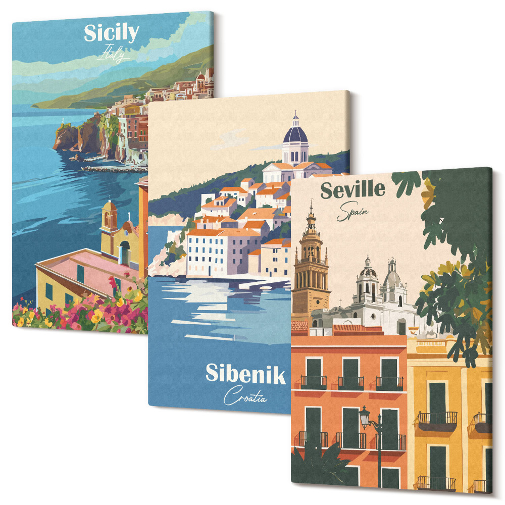 Set tablouri canvas triptic Peisaje ale orașelor europene cu clădiri colorate