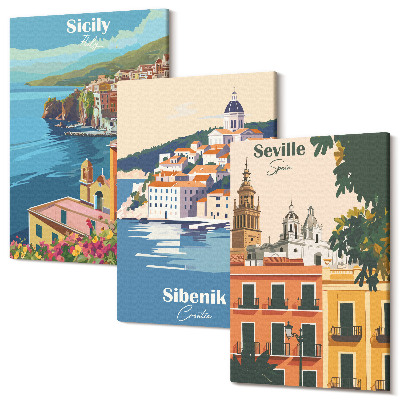 Set tablouri canvas triptic Peisaje ale orașelor europene cu clădiri colorate