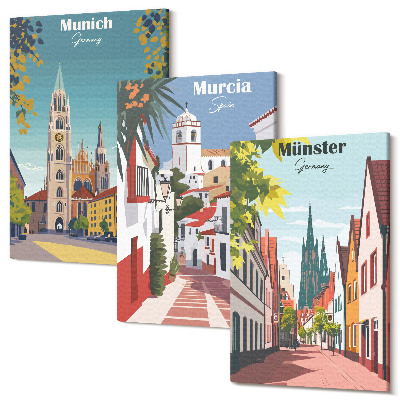 Tablou 3 piese Orașe europene în ilustrații colorate