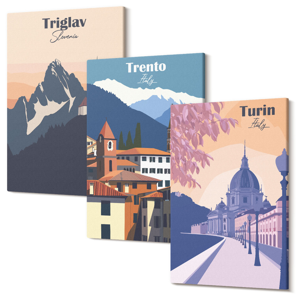 Tablou canvas set triptic Munți și arhitectură retro ilustrații colorate