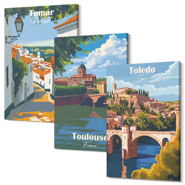 Tablou 3 piese Grafică în stil retro a orașelor celebre