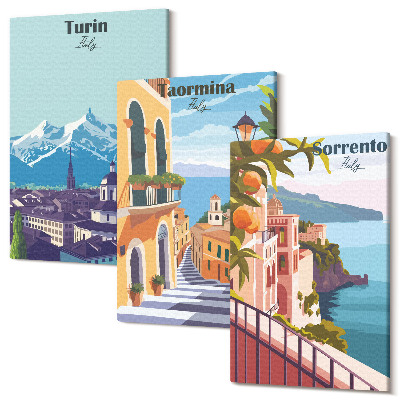 Tablou 3 piese Peisaje urbane ilustrative colorate, în stil retro