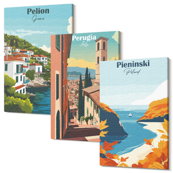 Set tablouri canvas triptic Peisaje pitorești în stil retro