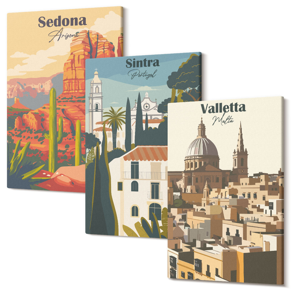 Tablou 3 piese Peisaje urbane retro din Sedona Sintra Valletta