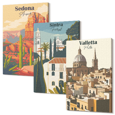 Tablou 3 piese Peisaje urbane retro din Sedona Sintra Valletta