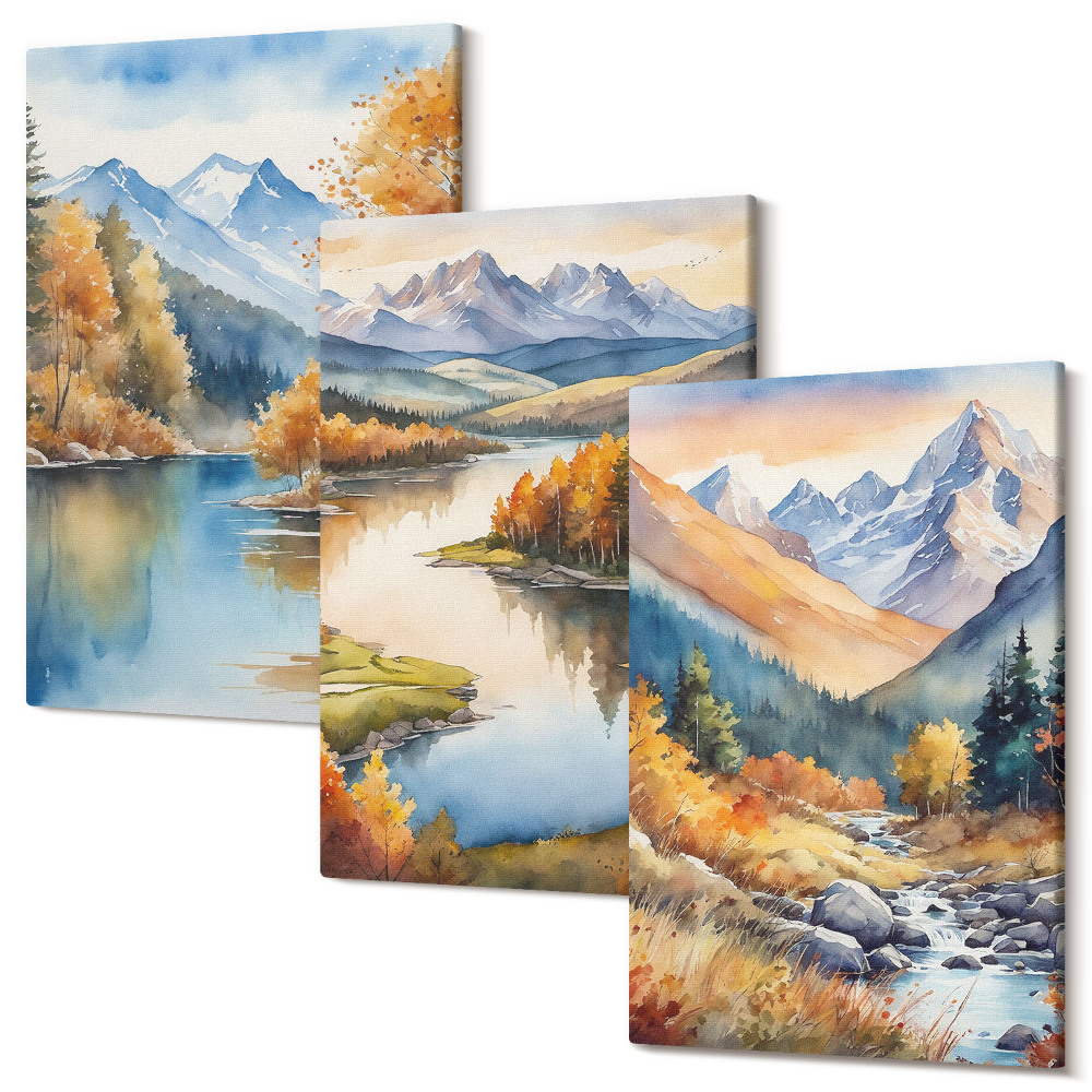 Set tablouri canvas triptic Vedere la munte cu râu și copaci de toamnă