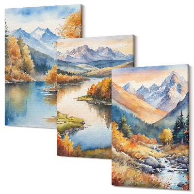 Set tablouri canvas triptic Vedere la munte cu râu și copaci de toamnă