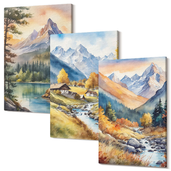 Tablou canvas set triptic Un peisaj montan cu un rau si cabane in culori de toamna