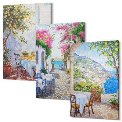 Tablou 3 piese Străzi fermecătoare cu plante cu flori și vedere la mare