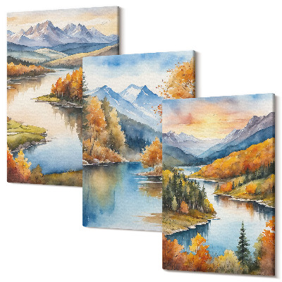 Tablou canvas set triptic Peisaje montane de toamnă cu un râu și o cabană lângă apă