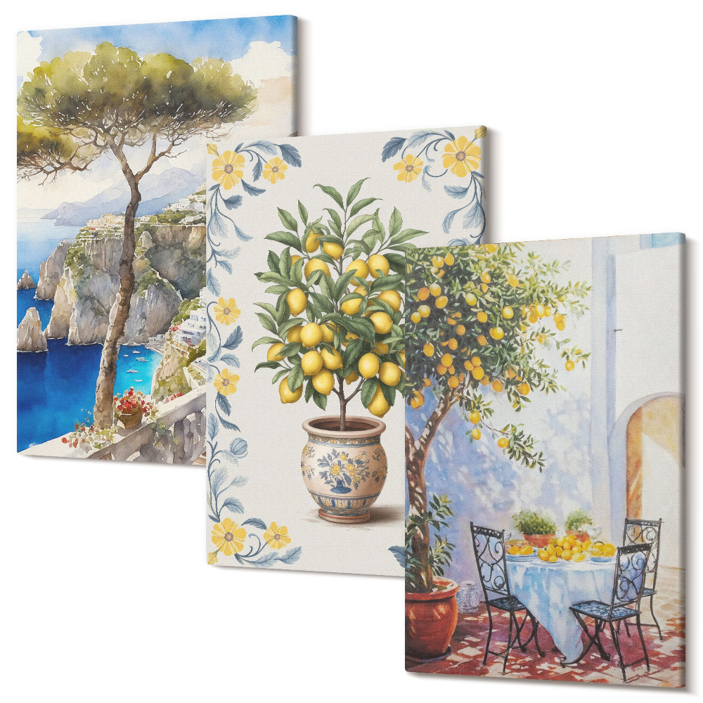 Set tablouri canvas triptic Vedere la mare cu lamai picturi italiene