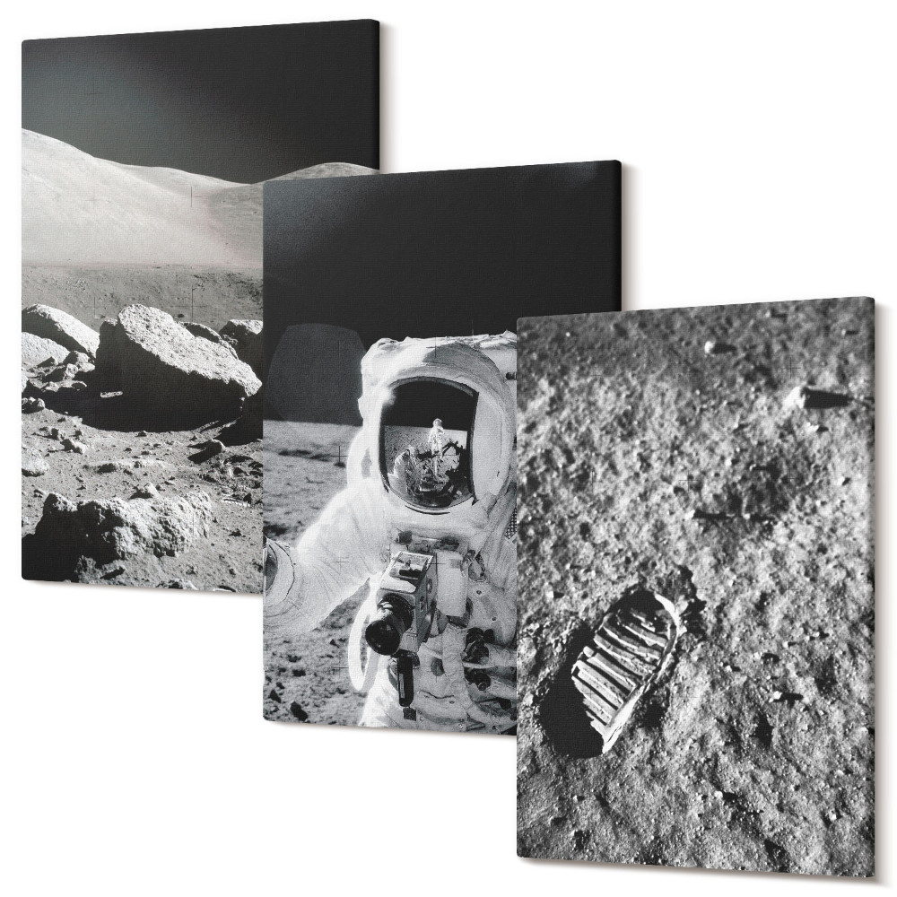 Tablou canvas set triptic Fotografii cu lună cu astronaut și amprentă