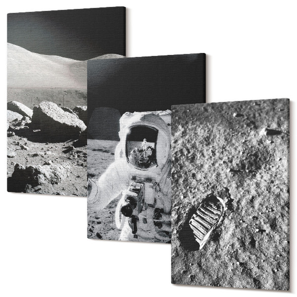 Tablou canvas set triptic Fotografii cu lună cu astronaut și amprentă
