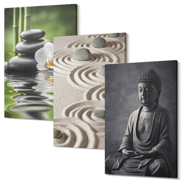 Tablou 3 piese Vedere relaxantă a lui Buddha, pietre pe plajă și bambus
