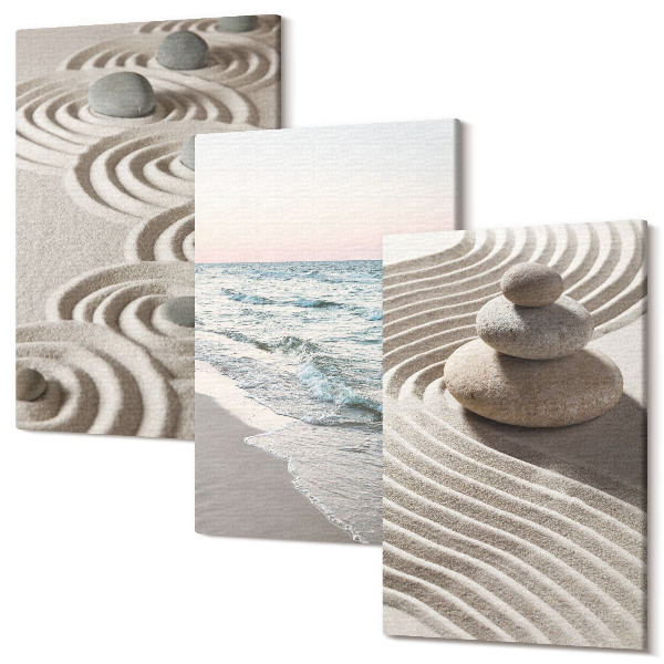 Set tablouri canvas triptic Valuri calme de nisip și apă cu pietre pe plajă