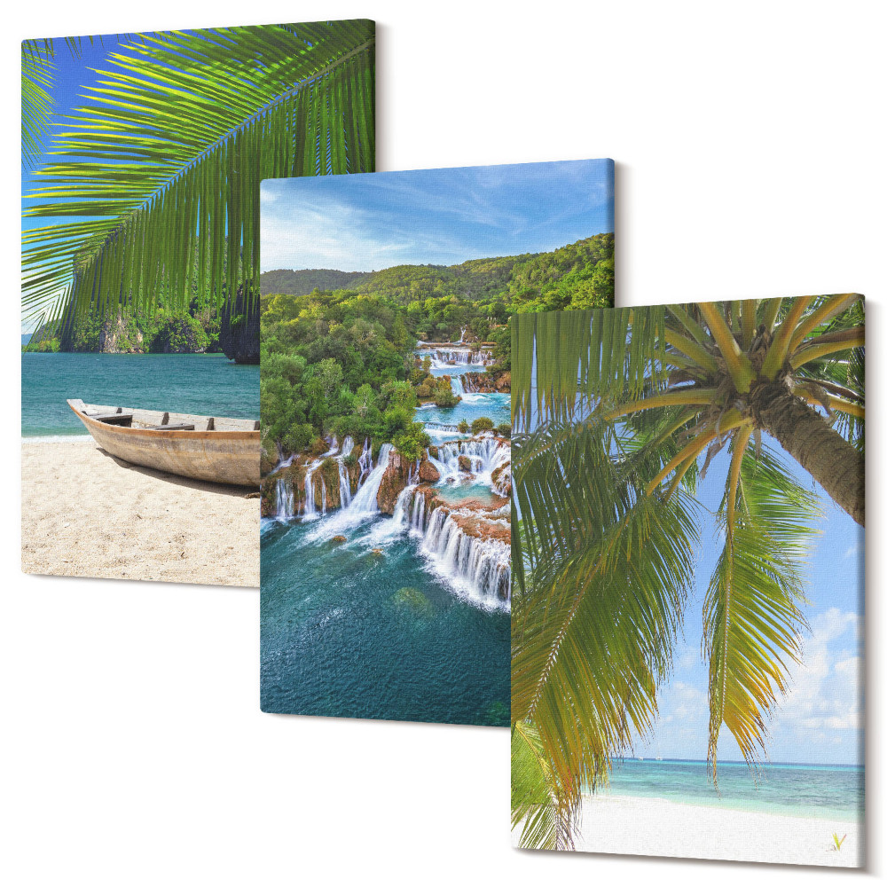 Tablou 3 piese Plaja cu barca, cascade si palmieri la tropice