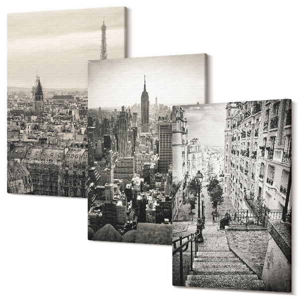 Set tablouri canvas triptic Vedere la oraș Paris New York și scări fermecătoare