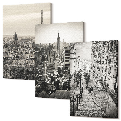 Set tablouri canvas triptic Vedere la oraș Paris New York și scări fermecătoare