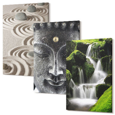 Set tablouri canvas triptic Pacea naturii cu pietre, o cascadă și Buddha