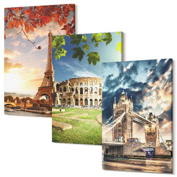 Tablou canvas set triptic Monumente ale Europei în culorile calde ale peisajului
