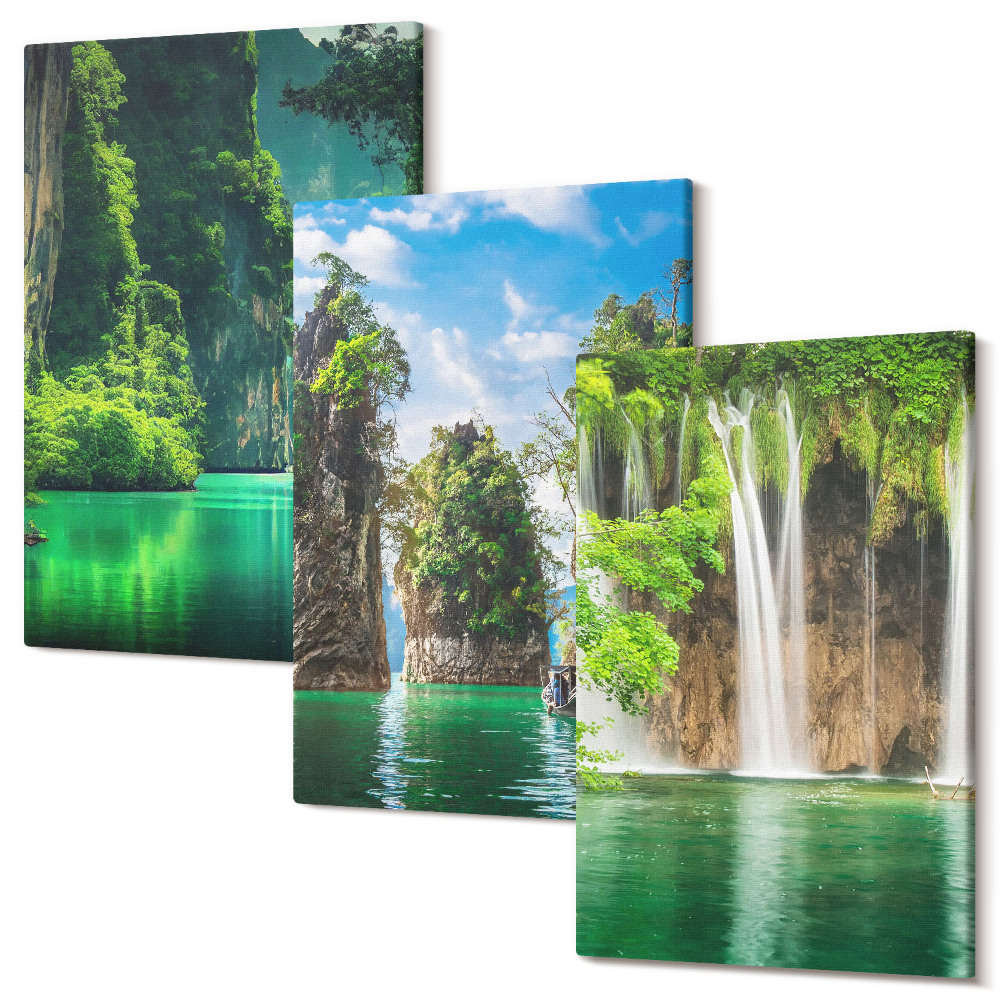 Tablou 3 piese Peisaje verzi cu cascade și stânci