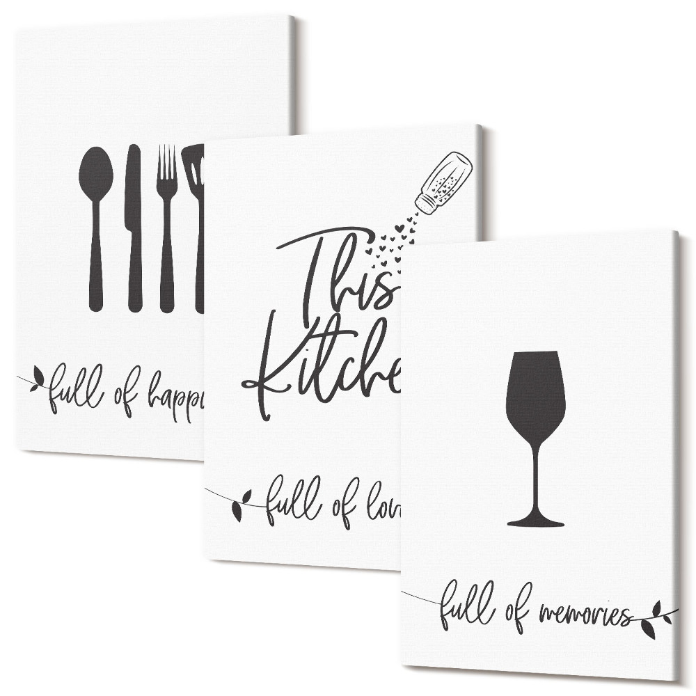 Set tablouri canvas triptic Modele de ustensile de bucătărie cu inscripții pentru bucătărie