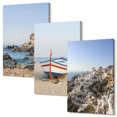Set tablouri canvas triptic Vederi la mare cu barcă și case albe Grecia