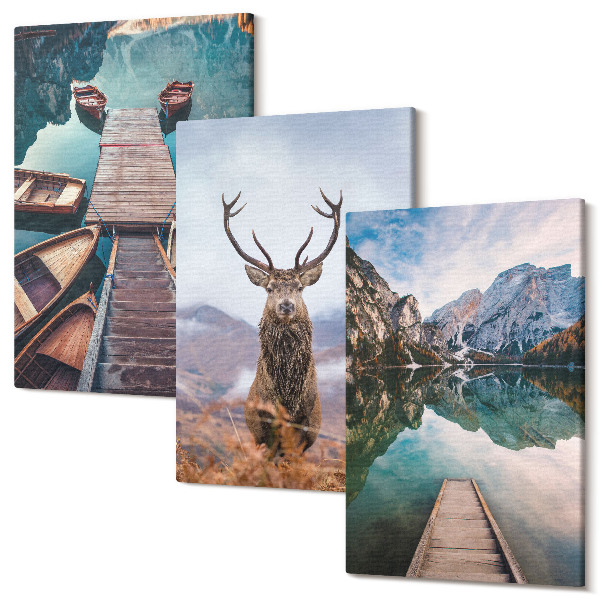 Tablou canvas set triptic Lac cu bărci, căprioare și peisaj montan