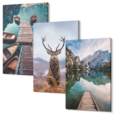 Tablou canvas set triptic Lac cu bărci, căprioare și peisaj montan