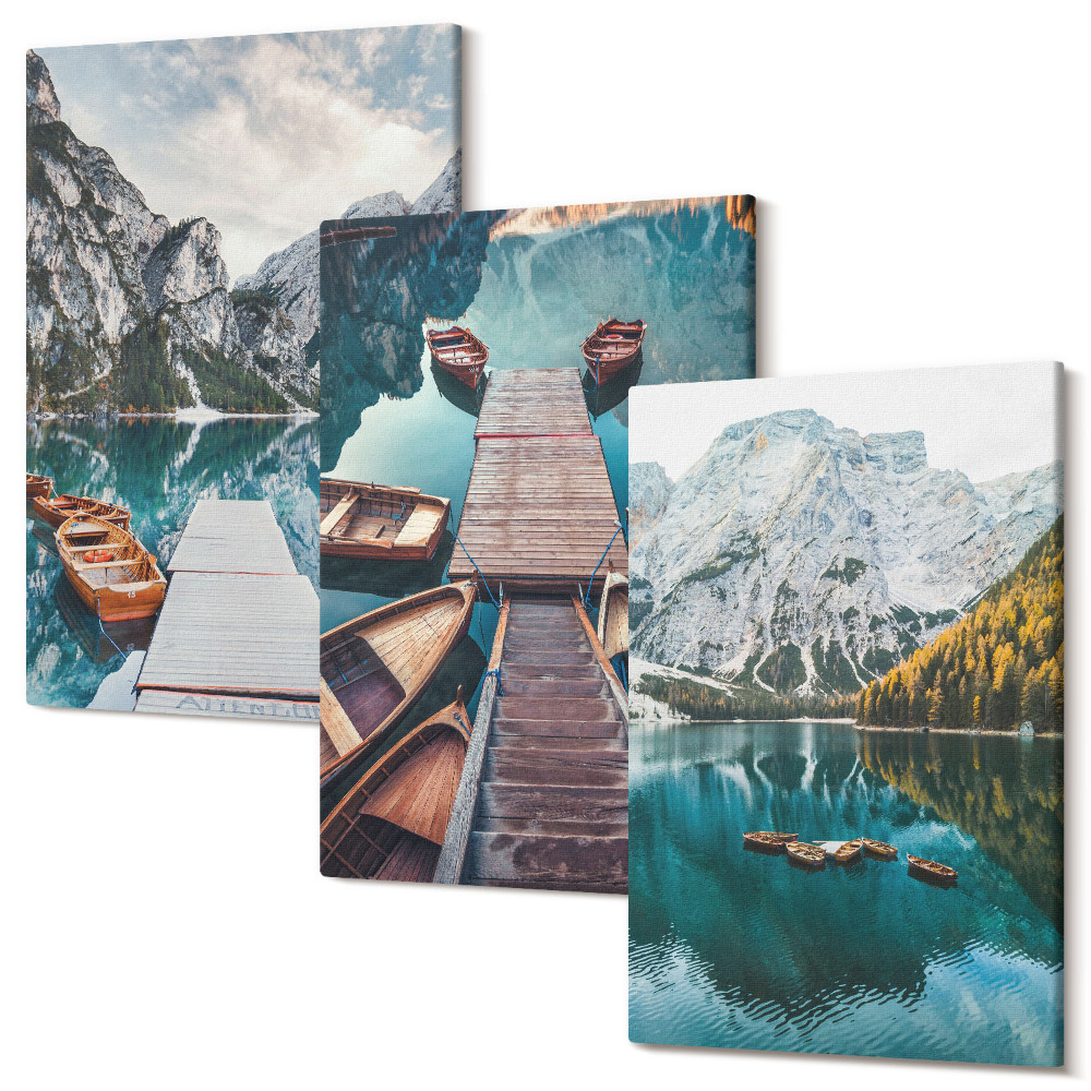 Tablou 3 piese Un lac cu chei de lemn și munți