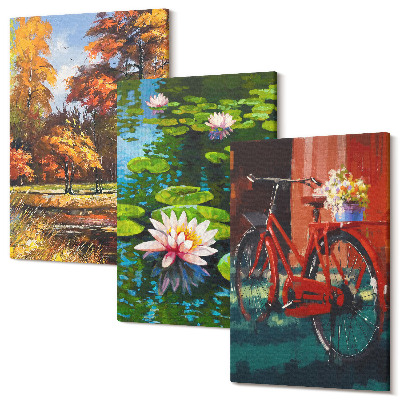 Tablou canvas set triptic Culori de toamna, balta cu nuferi, bicicleta pe terasa