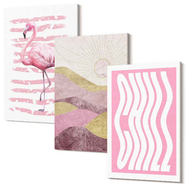 Tablou 3 piese Peisaj de munte pastel de flamingos roz Litere chill