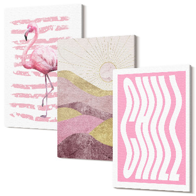 Tablou 3 piese Peisaj de munte pastel de flamingos roz Litere chill