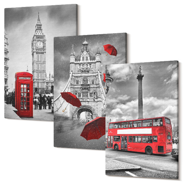 Set tablouri canvas triptic Vedere la Londra cu o umbrelă roșie și un autobuz