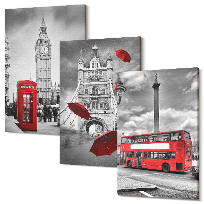Set tablouri canvas triptic Vedere la Londra cu o umbrelă roșie și un autobuz