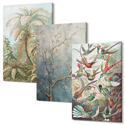 Tablou canvas set triptic Plante tropicale și păsări colorate în natură