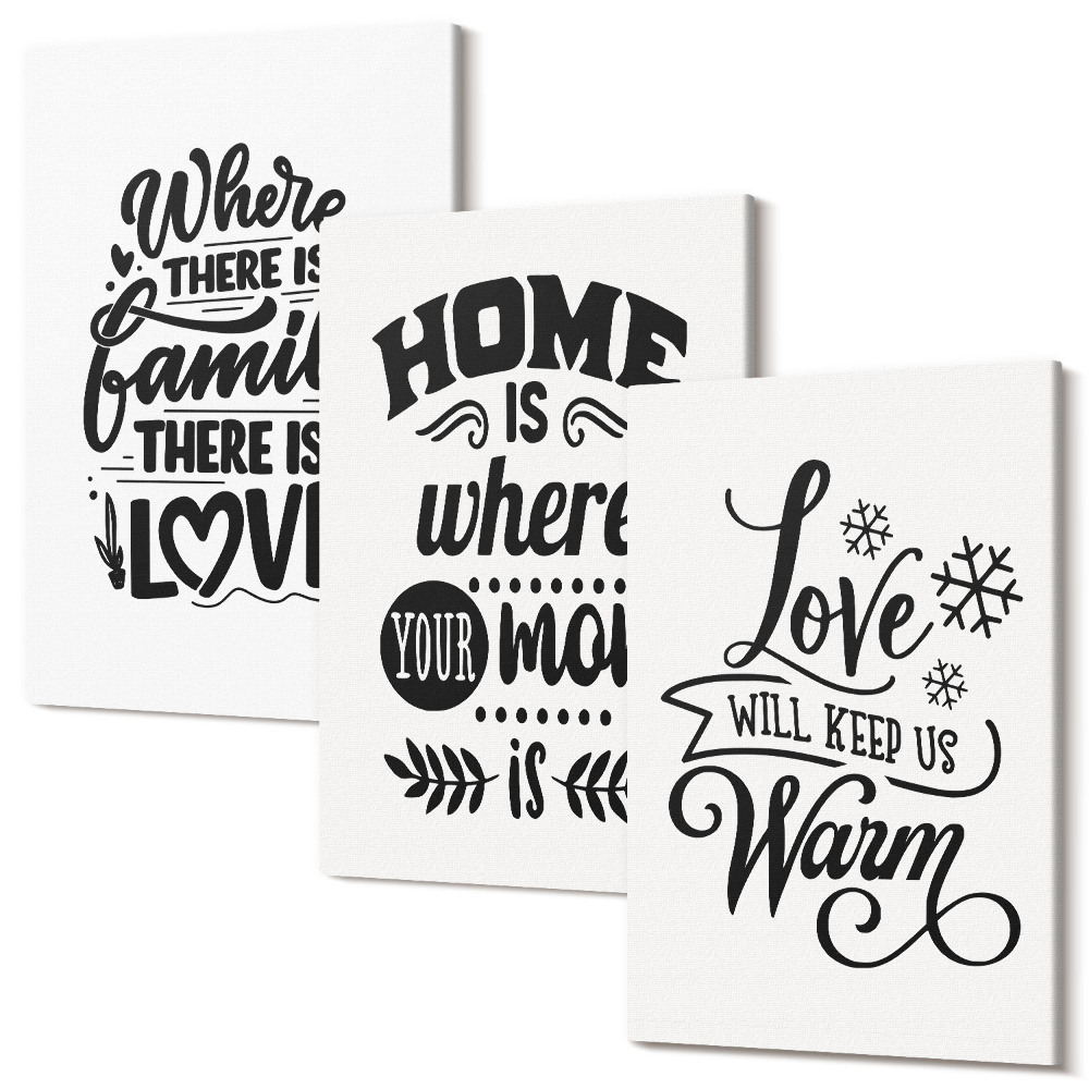 Tablou 3 piese Familie, dragoste, casă, căldură în sloganuri simple