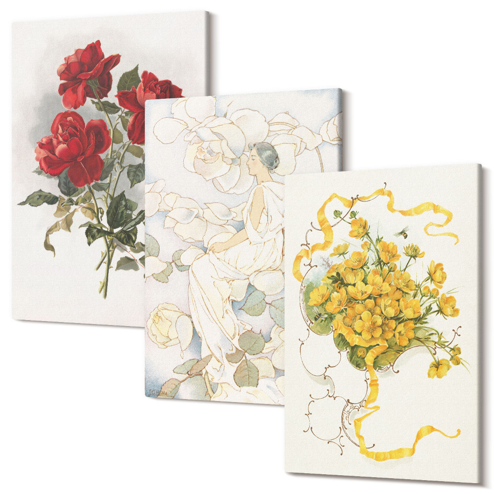 Tablou canvas set triptic Trandafiri roșii, figură albă, flori galbene într-o vază