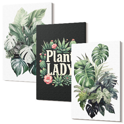 Tablou 3 piese Plante tropicale cu inscripția Plant Lady în verde