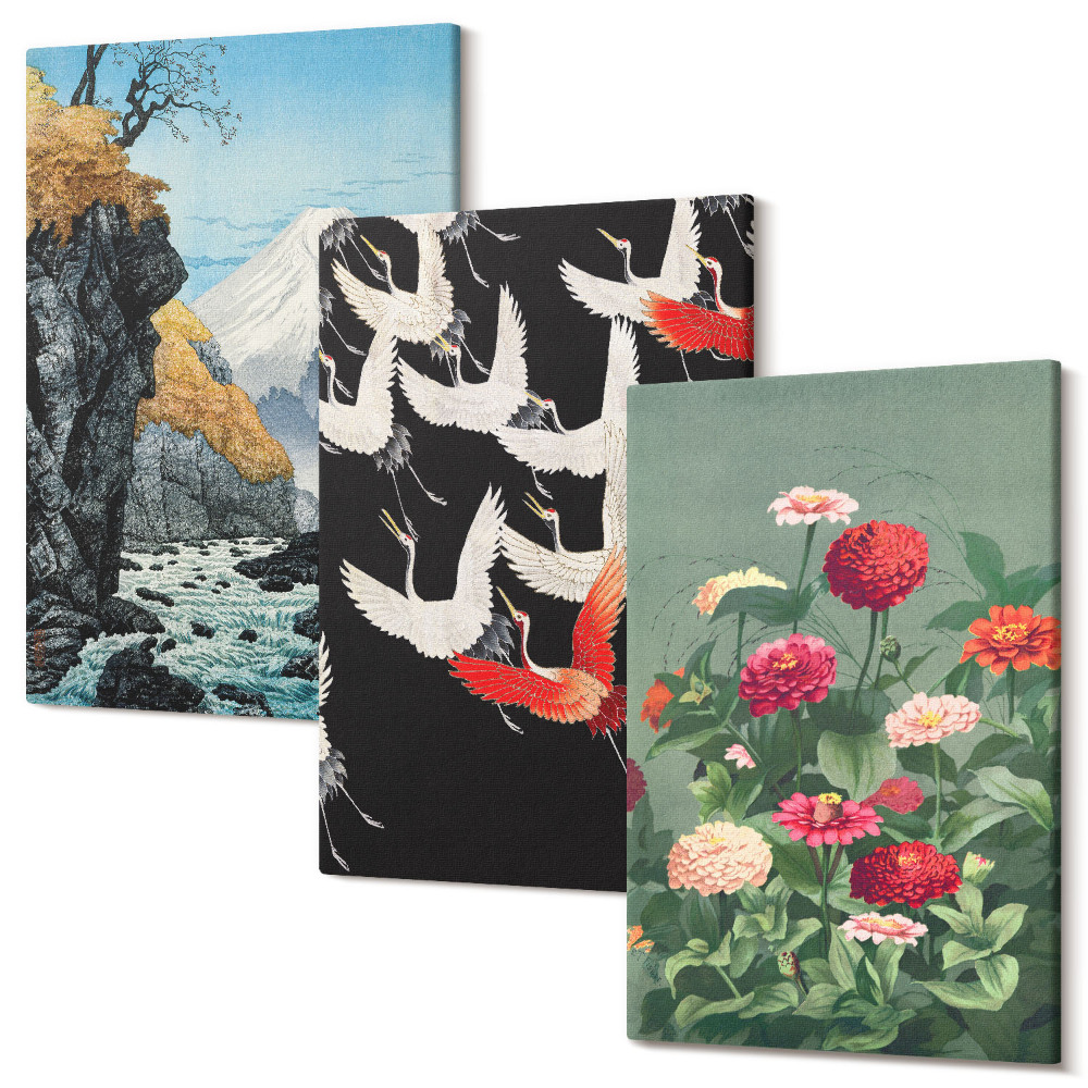 Tablou canvas set triptic Munți cu cascadă, păsări în zbor și flori colorate