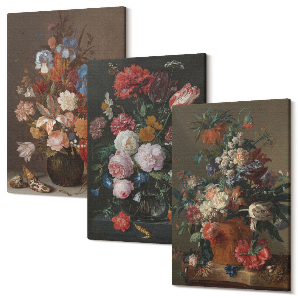 Tablou 3 piese Flori în vaze, diverse compoziții de plante vintage